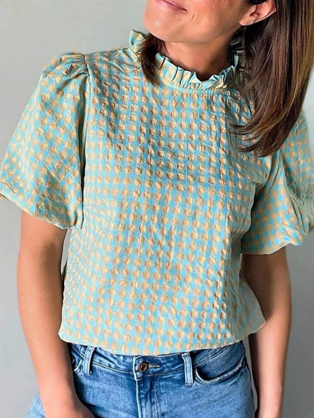⭐️ ANNIEWEAR Checkered Ruffle Collar Puff Sleeve Blouse Size XL
Like New